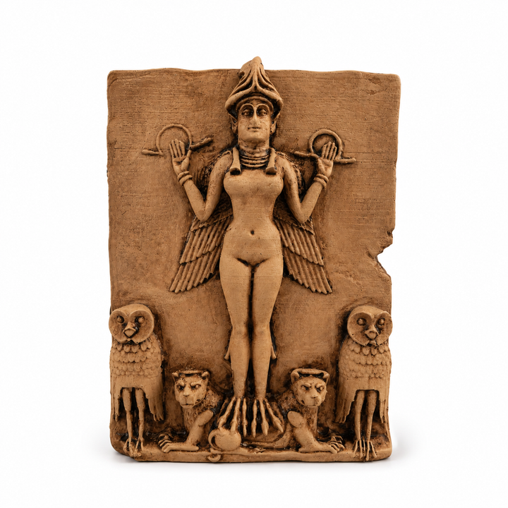 İştar Rölyefi ve Queen of the Night figürünün beyaz arka planda ön görünümü. Kanatlı Mezopotamya tanrıçası, baykuşlar ve aslan sembolleriyle tasvir edilen bu museum-style rölyef; İnanna, İştar ve Ereşkigal ikonografisini yansıtan koleksiyonluk antik Mezopotamya sanat objesidir by ArkeoArt