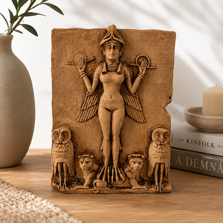 İştar Rölyefi’nin bohem tarz yaşam alanında sergilendiği lifestyle görünüm. Antik Mezopotamya tanrıça sanatından ilham alan bu museum-style sacred feminine heykeli; mythology decor, spiritüel yaşam alanları ve koleksiyon odaklı iç mekanlar için güçlü atmosfer oluşturan dekoratif sanat objesidir by ArkeoArt