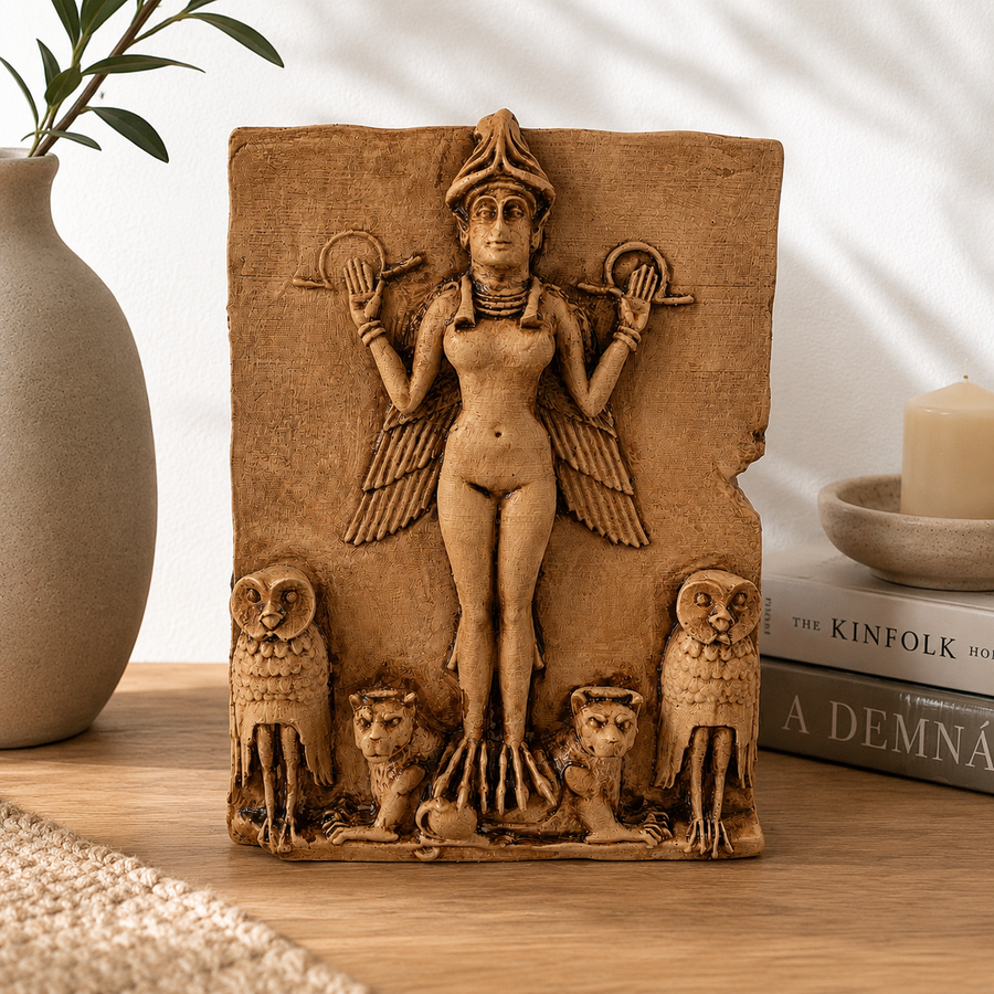 İştar Rölyefi’nin bohem tarz yaşam alanında sergilendiği lifestyle görünüm. Antik Mezopotamya tanrıça sanatından ilham alan bu museum-style sacred feminine heykeli; mythology decor, spiritüel yaşam alanları ve koleksiyon odaklı iç mekanlar için güçlü atmosfer oluşturan dekoratif sanat objesidir by ArkeoArt