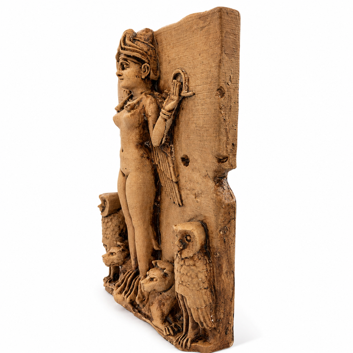 Queen of the Night rölyefinin beyaz arka planda yan profil görünümü. Taş dokulu aged surface yapısı ve Mezopotamya tanrıça kompozisyonuyla dikkat çeken bu decorative relief; sacred feminine, mythology decor ve dark academia koleksiyon estetiği için tasarlanmıştır by ArkeoArt