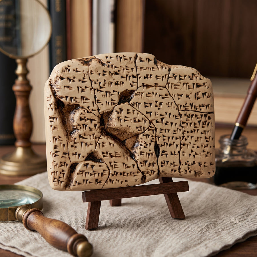 ArkeoArt Kadeş Antlaşması Hitit Tableti Replikası (Bej), doğal ahşap, antik kitaplar, seramik objeler ve sıcak toprak tonlarıyla hazırlanmış Pinterest tarzı estetik bir yaşam alanında sergileniyor. Dünyanın ilk yazılı barış antlaşmasını temsil eden bu müze replikası; Hitit tarihi, Anadolu uygarlıkları, arkeoloji ve kültürel miras koleksiyonları için benzersiz bir dekoratif eserdir.