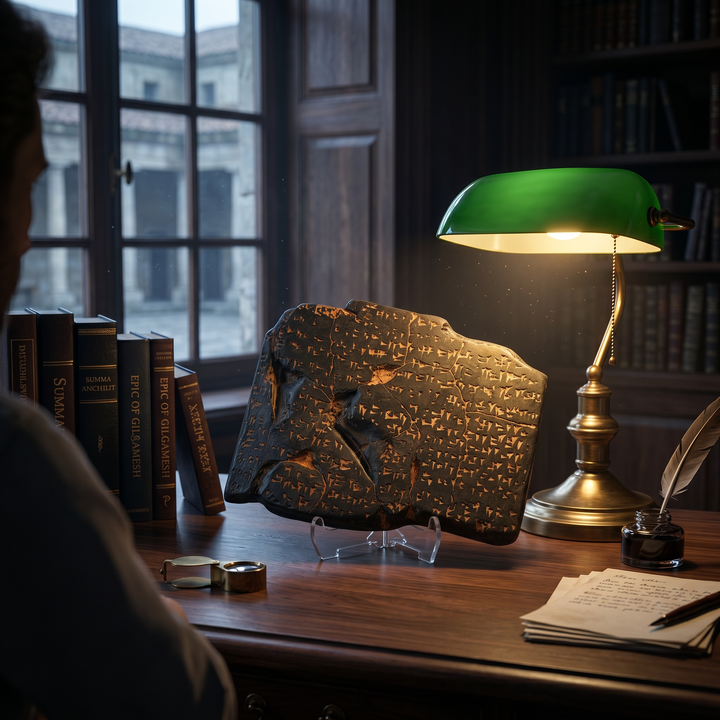 ArkeoArt Kadeş Antlaşması Hitit Tableti Replikası (Siyah), antika kitaplar, tarihi haritalar, pirinç objeler ve koyu ahşap mobilyalarla hazırlanmış dark academia tarzı bir çalışma odasında ahşap standı üzerinde sergileniyor. Dünyanın ilk yazılı barış antlaşmasını temsil eden bu Hitit tableti; Hattuşa, Anadolu uygarlıkları, diplomasi tarihi ve arkeoloji koleksiyonları için dikkat çekici bir müze replikasıdır.