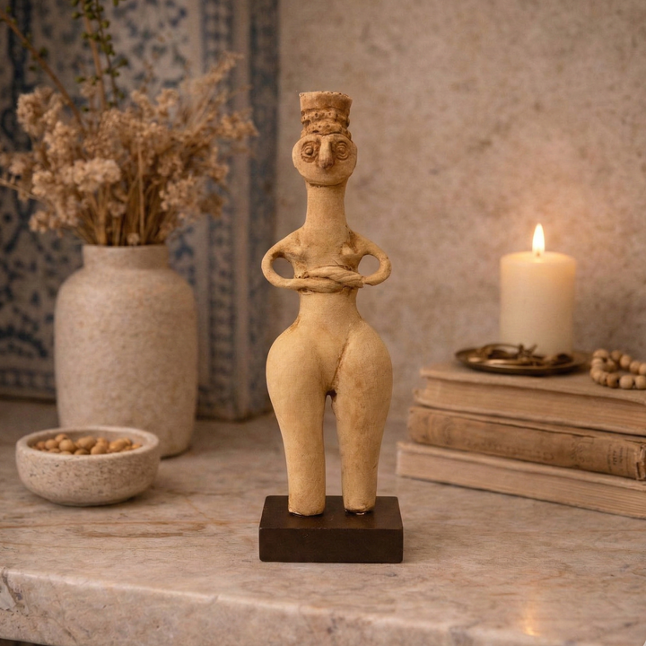 Kaluraz figur soft tonlarda bir raf uzerinde sergilenmektedir. Primitive ve tribal sanat estetikleri ile uyumlu olan bu arkeolojik heykel, modern ve etnik dekorasyon tarzlarina karakter kazandirir.