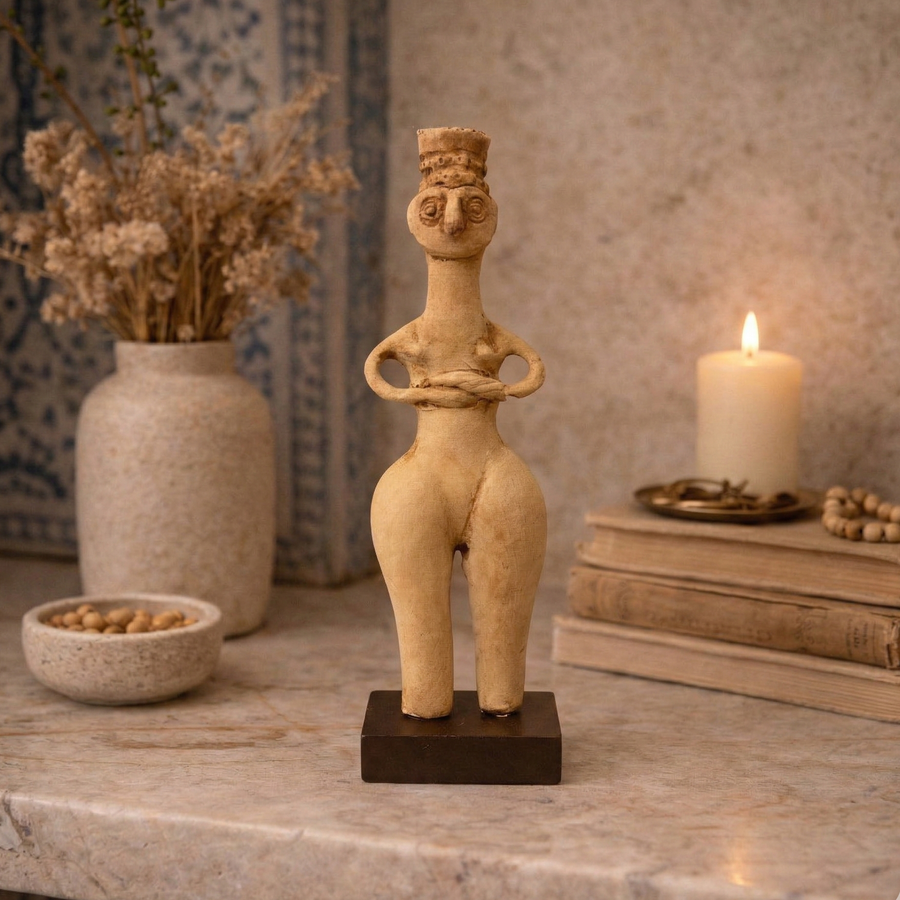 Kaluraz figur soft tonlarda bir raf uzerinde sergilenmektedir. Primitive ve tribal sanat estetikleri ile uyumlu olan bu arkeolojik heykel, modern ve etnik dekorasyon tarzlarina karakter kazandirir.