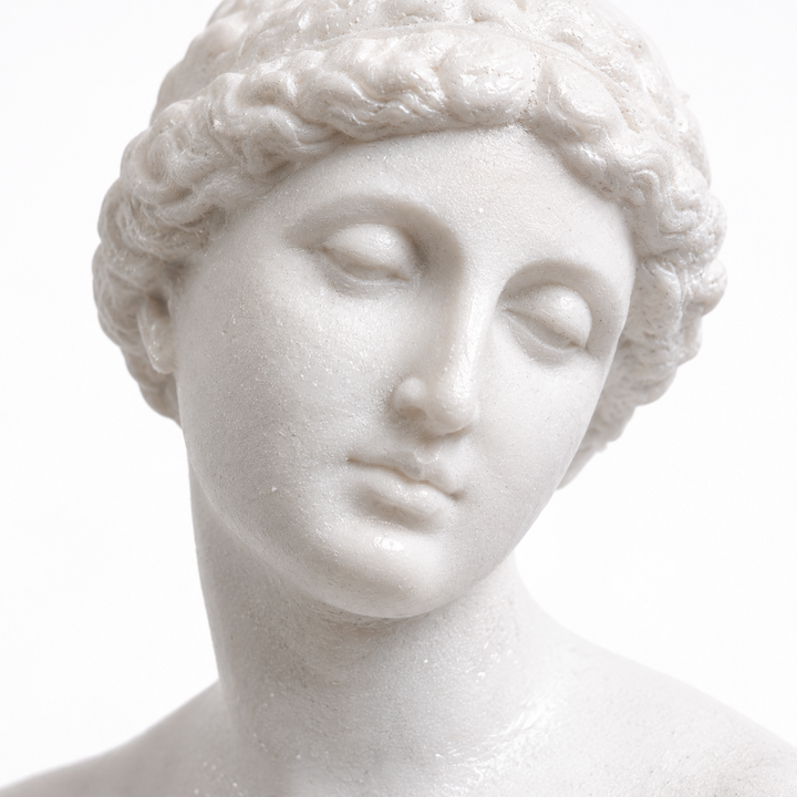 Knidos Afroditi Heykeli makro detay görüntüsünde yüz hatları, saç kıvrımları ve klasik Yunan heykel sanatına özgü mermer dokusu yakından görülüyor. Aphrodite of Knidos figürünün zarif anatomisi ve el işçiliği yüzey detayları, antik Yunan sanatı ve museum aesthetic dekorasyon anlayışını yansıtır. Mitolojik dekorasyon, dark academia interior ve sanat koleksiyonları için premium dekoratif heykel replikası.