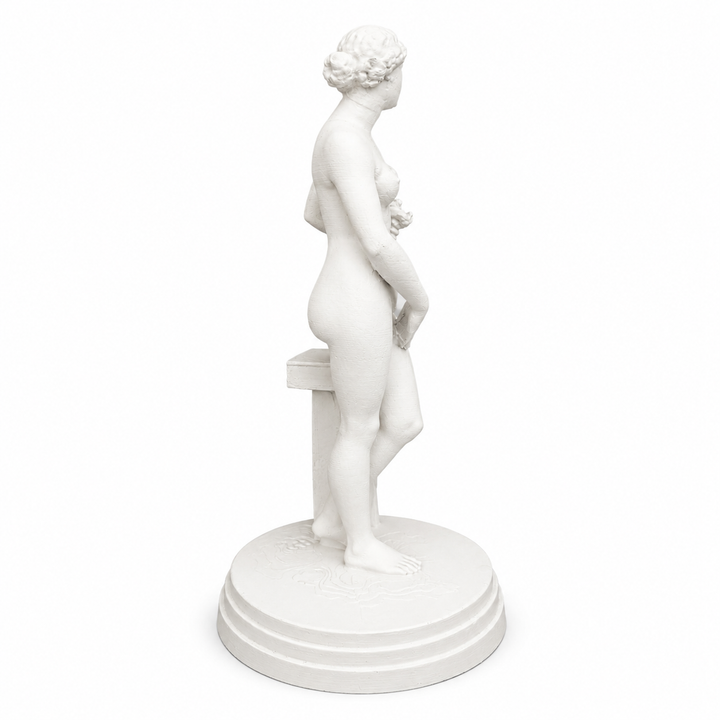 Knidos Afroditi Heykeli yan açıdan beyaz arka planda sergileniyor. Antik Yunan aşk tanrıçası Afrodit’in zarif silueti ve klasik heykel anatomisi detaylı şekilde görülüyor. Aphrodite statue replikası, dark academia dekorasyonu, sanat kitaplıkları ve mitolojik koleksiyon alanları için estetik bir atmosfer oluşturur.