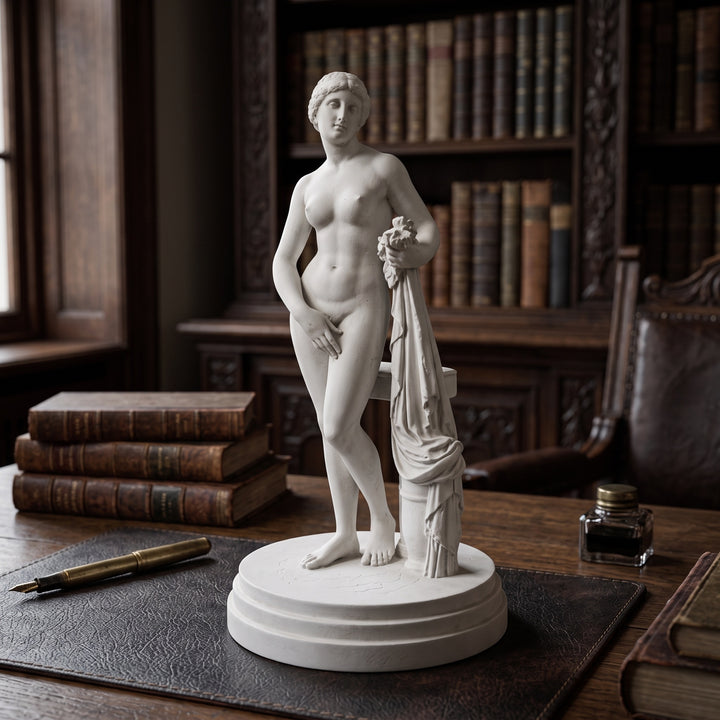 Ahşap bir kitaplık üzerinde sanat tarihi, mitoloji ve arkeoloji kitapları arasında sergilenen Knidos Afroditi Heykeli Replikası, çalışma odaları ve kütüphanelere zarif bir klasik dokunuş kazandırır. Antik Yunan'ın aşk ve güzellik tanrıçası Afrodit'i temsil eden bu müze kalitesindeki replikadır; koleksiyonerler, sanat severler ve tarih meraklıları için özel olarak ArkeoArt tarafından hazırlanmıştır.