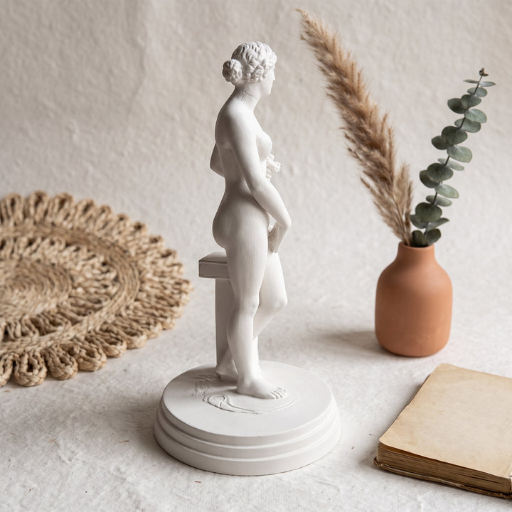 Ahşap bir kitaplık üzerinde sanat tarihi, mitoloji ve arkeoloji kitapları arasında sergilenen Knidos Afroditi Heykeli Replikası, çalışma odaları ve kütüphanelere zarif bir klasik dokunuş kazandırır. Antik Yunan'ın aşk ve güzellik tanrıçası Afrodit'i temsil eden bu müze kalitesindeki replikadır; koleksiyonerler, sanat severler ve tarih meraklıları için özel olarak ArkeoArt tarafından hazırlanmıştır.