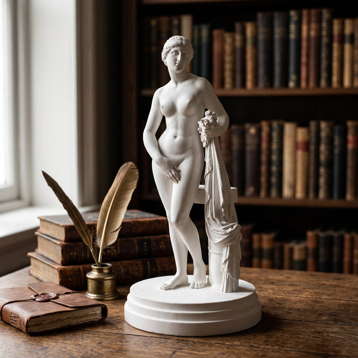 Ahşap bir kitaplık üzerinde sanat tarihi, mitoloji ve arkeoloji kitapları arasında sergilenen Knidos Afroditi Heykeli Replikası, çalışma odaları ve kütüphanelere zarif bir klasik dokunuş kazandırır. Antik Yunan'ın aşk ve güzellik tanrıçası Afrodit'i temsil eden bu müze kalitesindeki replikadır; koleksiyonerler, sanat severler ve tarih meraklıları için özel olarak ArkeoArt tarafından hazırlanmıştır.