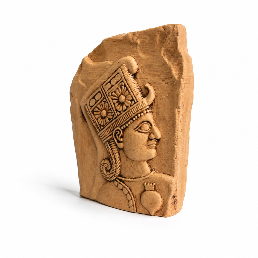 Kubaba heykel rölyefinin beyaz arka planda yan profil görünümü. Hitit tanrıçası ikonografisinden ilham alan bu antik kadın figürü; Neo-Hitit sanat estetiği, Anadolu arkeolojisi ve mythology decor konseptini modern museum-style dekorasyon anlayışıyla buluşturur by ArkeoArt