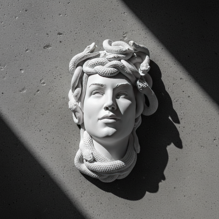 Gri mat duvarda sergilenen Medusa Duvar Büstü ile Pinterest ve dark academia esintili mitolojik iç mekân dekorasyonu. Antik Yunan Gorgon Medusa figürünün ikonik yılanlı saçlarını üç boyutlu yorumlayan duvar heykeli, koyu arka planda güçlü bir odak noktası oluşturuyor. Dark academia, gotik dekorasyon, klasik sanat ve Yunan mitolojisi temalı alanlar için Medusa duvar dekoru by ArkeoArt.