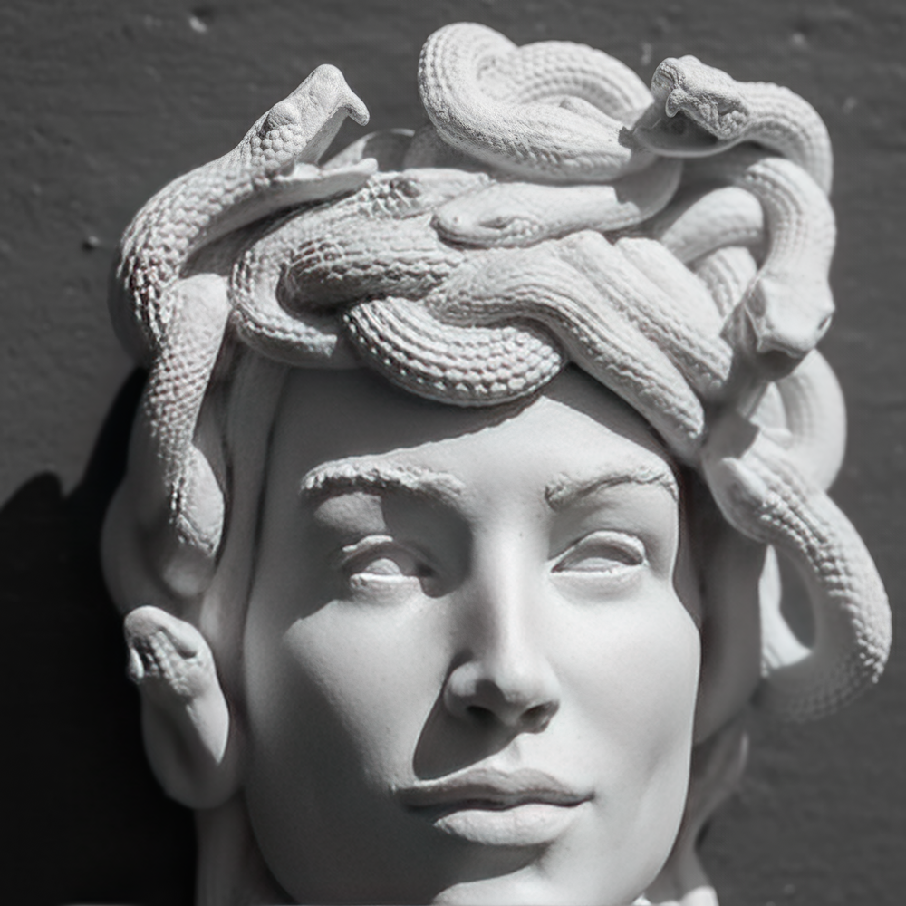 Medusa Duvar Büstü’nün yüzünü, yılanlı saçlarını ve heykelsi yüzey dokusunu yakından gösteren makro detay. Gorgon Medusa’nın güçlü kadın yüzü ile çevresindeki kıvrımlı yılanların ayrıntıları, Antik Yunan mitolojisinin en ikonik figürlerinden birini çağdaş bir duvar heykelinde yeniden yorumluyor. Mitoloji, klasik sanat ve koleksiyonluk dekor için detaylı Medusa Wall Sculpture by ArkeoArt.