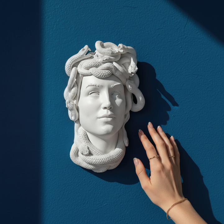Mavi arka plan önünde kadın eliyle tutularak gerçek ölçeği gösterilen Medusa Duvar Büstü. El ile karşılaştırmalı görünüm, Medusa heykelinin boyutunu, üç boyutlu yılanlı saçlarını ve duvara asıldığında oluşturacağı görsel etkiyi anlamaya yardımcı oluyor. Antik Yunan mitolojisindeki Gorgon Medusa’dan ilham alan koleksiyonluk, el yapımı mitolojik duvar heykeli by ArkeoArt.