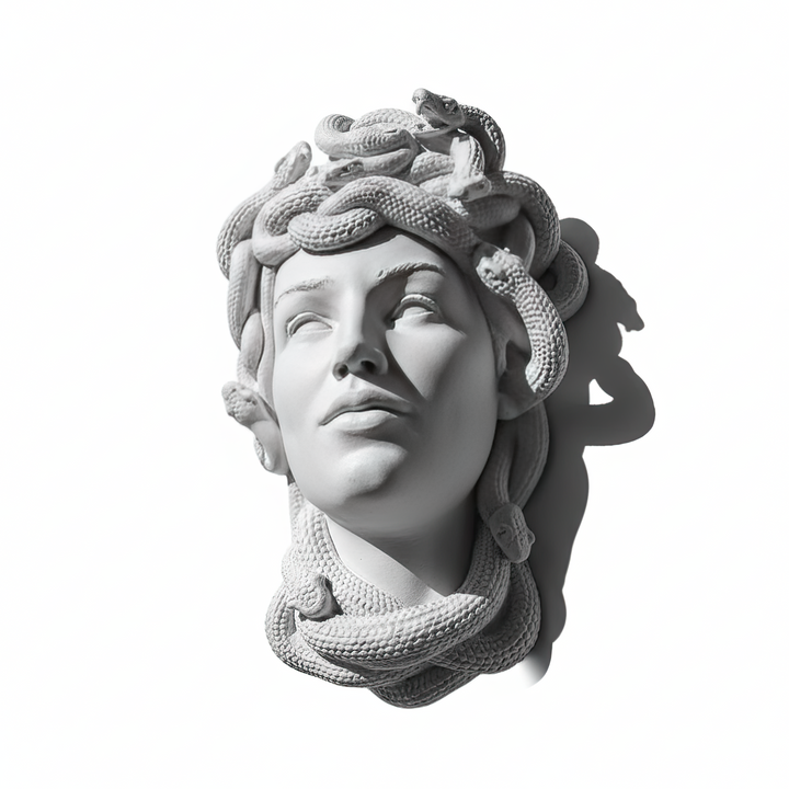 Beyaz arka planda çapraz açıdan görüntülenen Medusa Duvar Büstü ve üç boyutlu yılan detayları. Gorgon Medusa’nın karakteristik yılanlı saçlarından esinlenen tasarım, bu perspektifte heykelin derinliğini, yan formunu ve kabartmalı yüzeyini ortaya çıkarıyor. Antik Yunan mitolojisi, Medusa heykeli ve mitolojik duvar dekoru koleksiyonları için el yapımı Medusa Wall Bust by ArkeoArt.