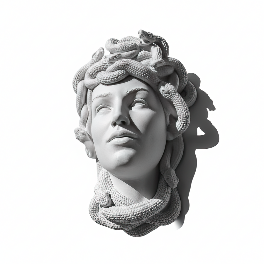 Beyaz arka planda çapraz açıdan görüntülenen Medusa Duvar Büstü ve üç boyutlu yılan detayları. Gorgon Medusa’nın karakteristik yılanlı saçlarından esinlenen tasarım, bu perspektifte heykelin derinliğini, yan formunu ve kabartmalı yüzeyini ortaya çıkarıyor. Antik Yunan mitolojisi, Medusa heykeli ve mitolojik duvar dekoru koleksiyonları için el yapımı Medusa Wall Bust by ArkeoArt.