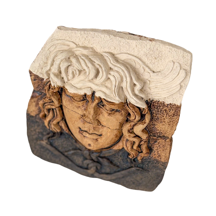 “Medusa relief sculpture showcased on a clear stand under warm natural sunlight, highlighting its fine texture and earthy tones. Perfect for boho, classic, or archaeological home decor themes.”
TR:
“Şeffaf stand üzerinde sıcak doğal güneş ışığı altında sergilenen Medusa rölyefi — ince dokusunu ve toprak tonlarını vurguluyor. Boho, klasik veya arkeolojik ev dekoru temaları için mükemmel.”
