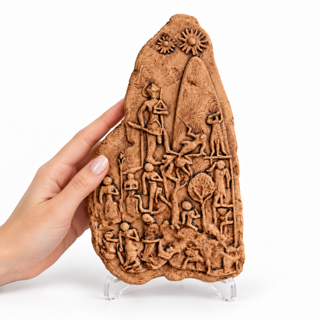 Kadın eli yanında sergilenen Naram-Sin Zafer Steli replikasının gerçek boyutunu gösteren ölçek fotoğrafı. 23 cm yüksekliğinde, 13 cm genişliğinde ve yaklaşık 500 gram ağırlığındaki el yapımı Mezopotamya heykeli, şeffaf standı ve detaylı kabartmalarıyla görülüyor. Akad İmparatorluğu sanatından ilham alan koleksiyonluk arkeolojik replika. by ArkeoArt
