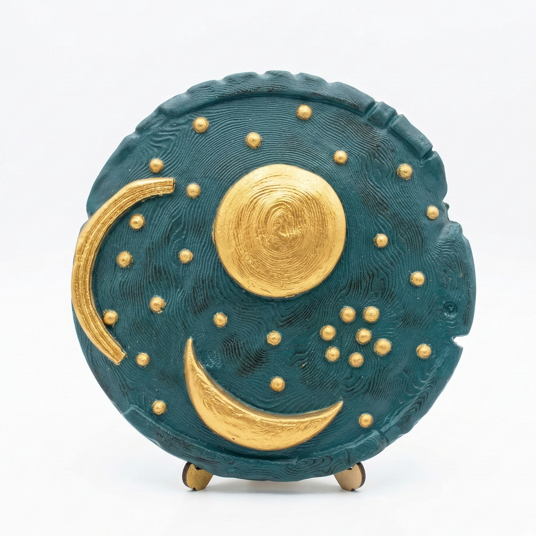 Nebra Gökyüzü Diski replikası ön görünüm, Bronz Çağı Almanya kökenli astronomik artefakt, altın tonlu güneş ay ve yıldız sembolleri ile antik yıldız haritası ve erken gökyüzü gözlemini temsil eden müze kalitesinde arkeolojik dekor by ArkeoArt