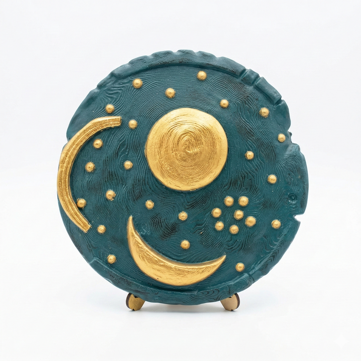 Nebra Gökyüzü Diski replikası. Almanya’da bulunan ve MÖ 1600 yıllarına tarihlenen Bronz Çağı astronomi eserinden ilham alan bu disk, Güneş, Ay ve yıldız sembollerini içerir. Antik astronomi tarihinin en önemli buluntularından biri olan Nebra diskinin dekoratif müze replikası ArkeoArt tarafından üretilmiştir.