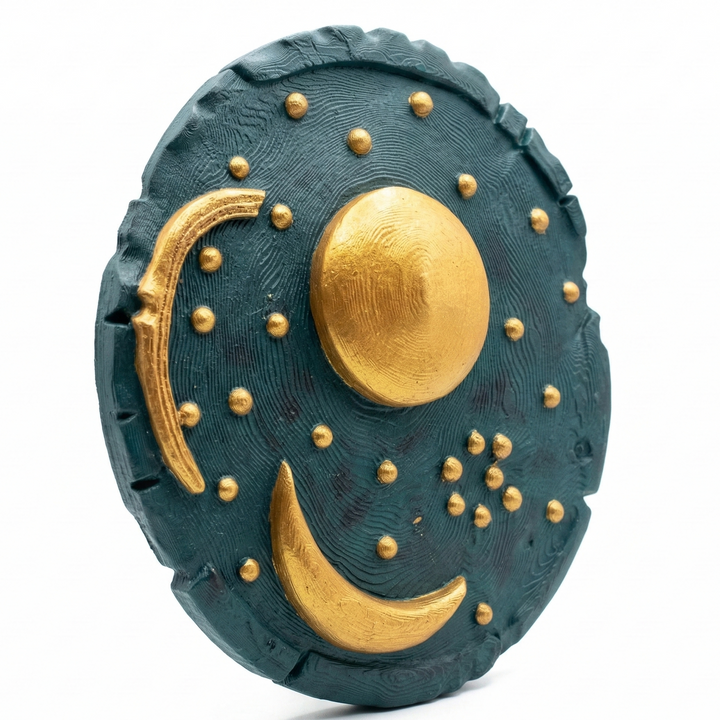 Nebra Diski replikası yakın plan detay, altın güneş ay ve yıldız sembolleri ile Bronz Çağı astronomi bilgisini yansıtan yüzey dokusu, müze tarzı arkeolojik eser görünümü by ArkeoArt