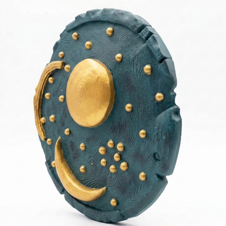 Nebra Diski replikası yan açı, bronz yüzey dokusu ve altın kakma detayları ile Bronz Çağı Avrupa astronomi artefaktı, Almanya Nebra buluntusundan ilham alan antik bilim objesi by ArkeoArt