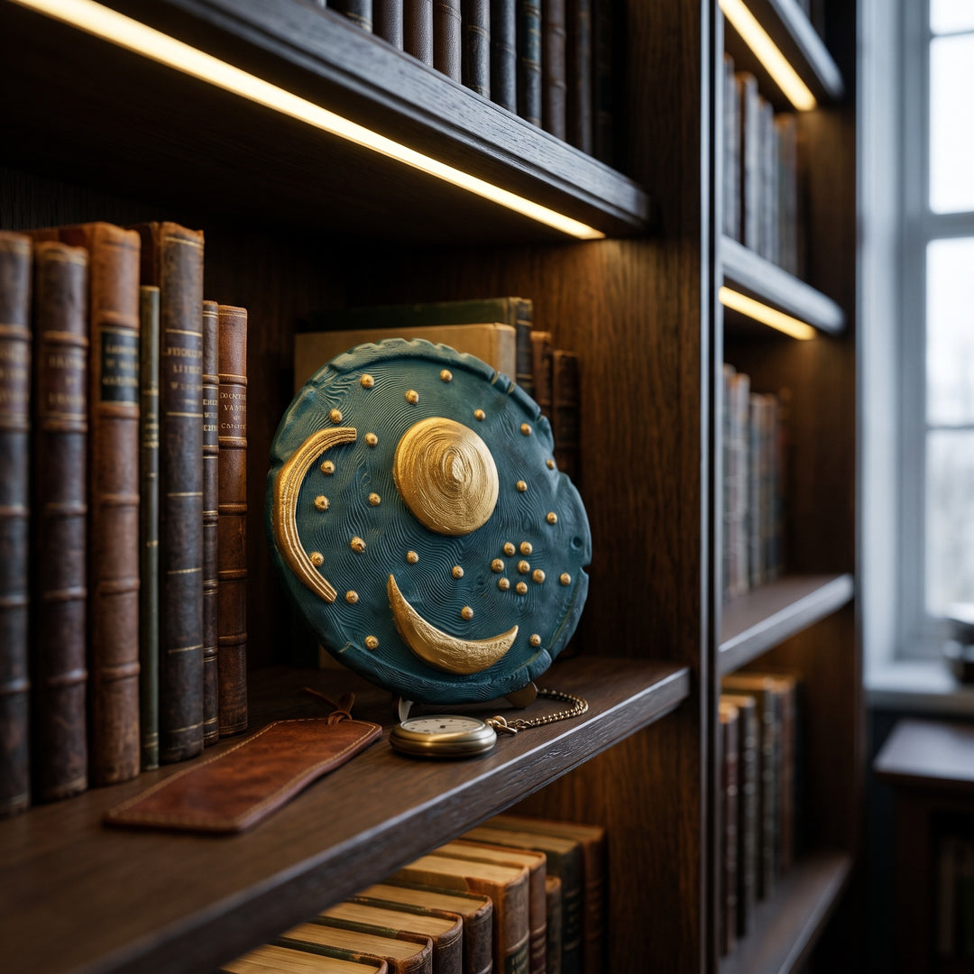 Koyu ahşap bir kitaplık üzerinde astronomi, arkeoloji ve antik tarih kitapları arasında sergilenen Nebra Gökyüzü Diski Replikası, çalışma odaları ve dark academia tarzı kütüphanelere tarihî bir atmosfer kazandırır. Bronz Çağı Avrupa'sının en önemli arkeolojik keşiflerinden biri olan bu astronomik disk; yıldızlar, Güneş ve Ay tasvirleriyle gökyüzü gözlemlerinin en erken örneklerinden birini temsil eder. ArkeoArt tarafından hazırlanmıştır.