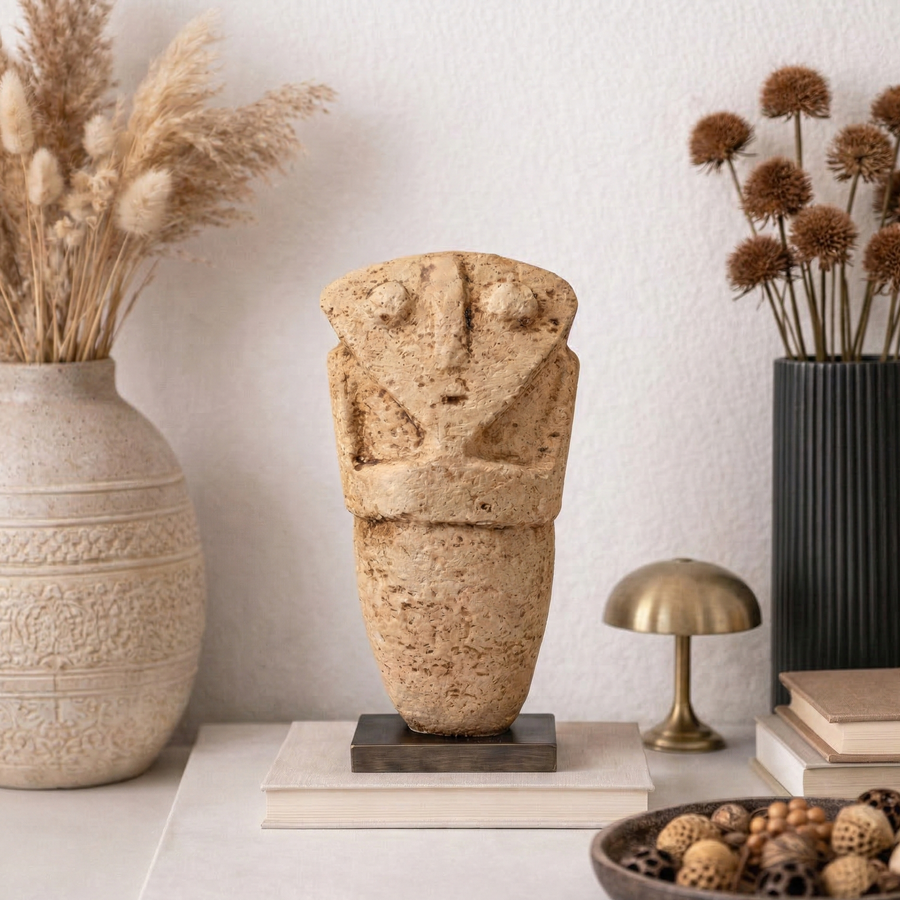 Neolitik antropomorfik idol heykeli replikası soft tonlarda bir raf üzerinde lifestyle ortamda sergilenmektedir. Antik Anadolu ve Kiklad stilinden ilham alan bu müze kalitesinde arkeolojik figür, sade formu ve taş dokulu yüzeyi ile dikkat çeker. Minimalist dekorasyon, kitaplık ve koleksiyon alanlarında tarih öncesi sanatın estetik dilini yansıtan özgün bir parçadır.