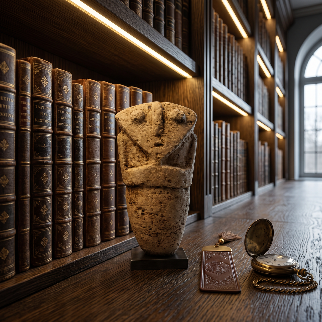 Koyu ahşap bir kitaplık üzerinde arkeoloji, antropoloji ve tarih öncesi uygarlıklar üzerine kitaplarla birlikte sergilenen Neolitik İdol Heykeli, çalışma odaları ve dark academia tarzı kütüphaneler için güçlü bir kültürel odak noktası oluşturur. Antik Anadolu ile Kiklad kültürlerinin yalın estetik anlayışını yansıtan bu el yapımı müze replikası; tarih ve kültürel miras koleksiyonları için zamansız bir dekoratif sanat eseridir. ArkeoArt tarafından hazırlanmıştır.