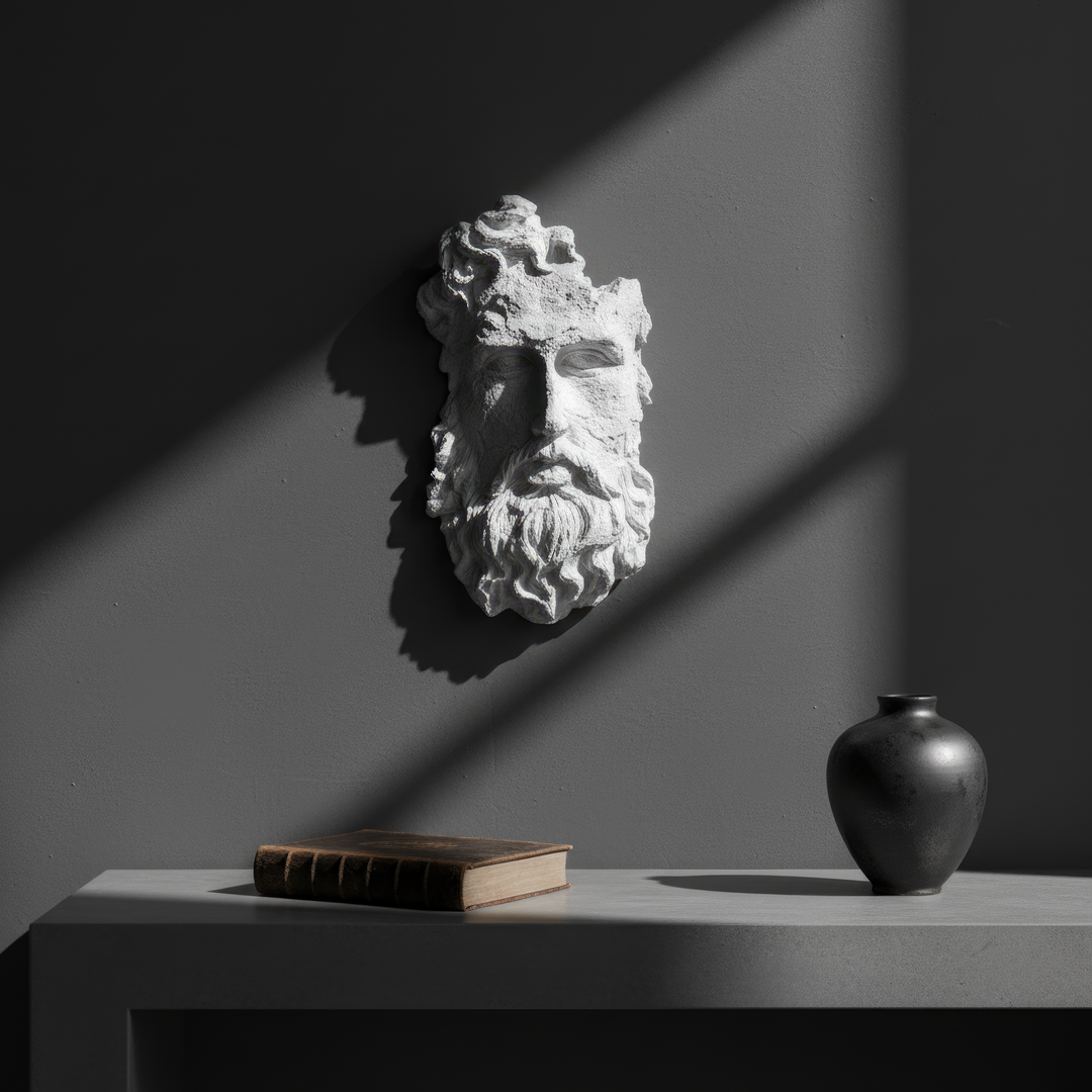“Poseidon wall bust mounted against a dark-toned wall with moody lighting, styled with vintage books and a ceramic vase — evoking the mystery of ancient Greek temples.”
TR:
“Koyu tonlu bir duvarda, dramatik ışıkla aydınlatılmış Poseidon duvar büstü — vintage kitaplar ve seramik vazo ile birlikte sergilenmiş, antik Yunan tapınaklarının gizemini çağrıştırıyor.”