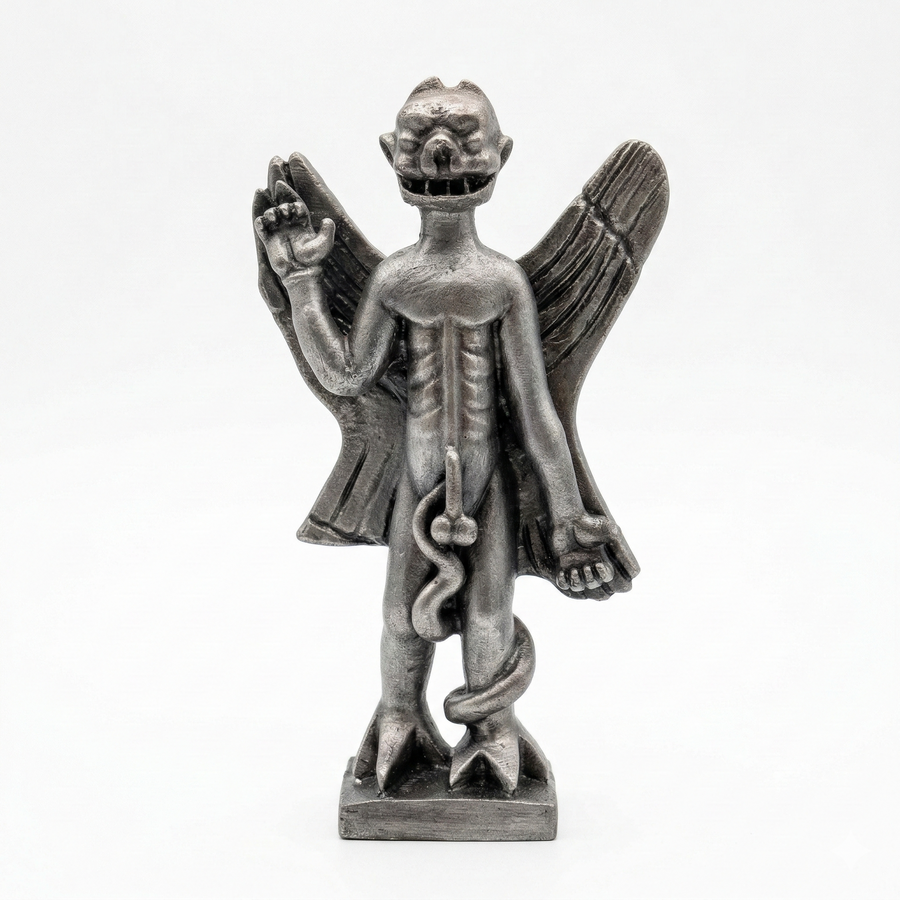 Pazuzu heykeli ön görünüm, beyaz arka planda sergilenen Mezopotamya kökenli kanatlı demon figürü, koruyucu ruh sembolizmi ve detaylı anatomi yapısıyla arkeolojik replikadır by ArkeoArt