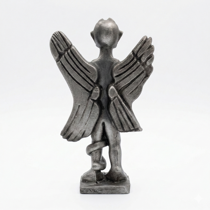 Pazuzu figürü arka görünüm, beyaz arka planda kanat detayları ve yüzey dokusu öne çıkan Mezopotamya mitolojisine ait demon heykeli, koleksiyonluk arkeolojik eser replikası by ArkeoArt