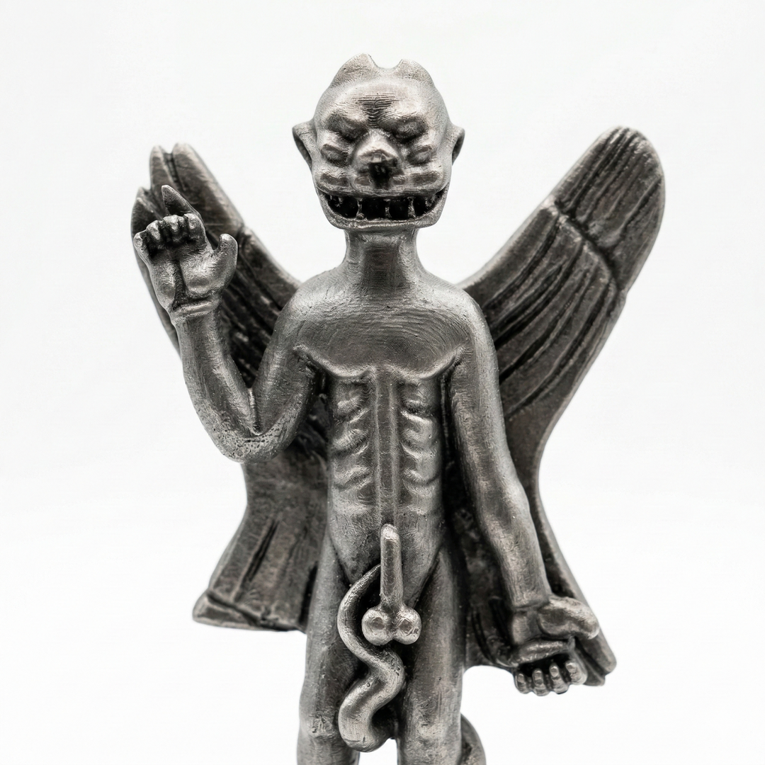 Pazuzu heykeli yakın profil görünüm, beyaz arka planda yüz detayları ve kanat dokusu net şekilde görülen Mezopotamya demon figürü, koruyucu ruh sembolizmi ve arkeolojik replikası by ArkeoArt