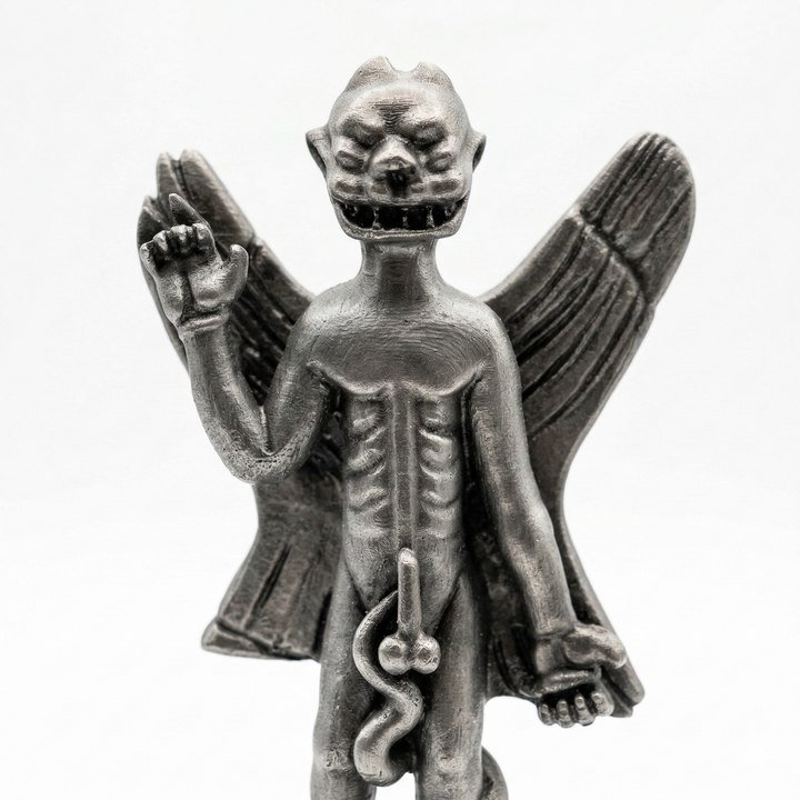 Pazuzu heykeli yakın profil görünüm, beyaz arka planda yüz detayları ve kanat dokusu net şekilde görülen Mezopotamya demon figürü, koruyucu ruh sembolizmi ve arkeolojik replikası by ArkeoArt