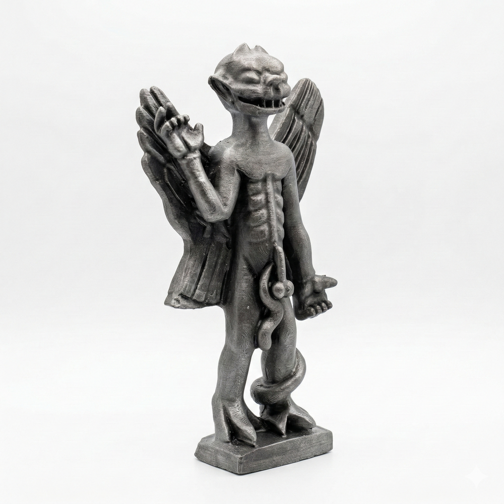Pazuzu heykeli çapraz açıdan beyaz arka planda sergilenmektedir, kanatlı demon formu ve güçlü yüz ifadesiyle Mezopotamya koruyucu ruh figürü ve mitolojik koleksiyon heykeli by ArkeoArt