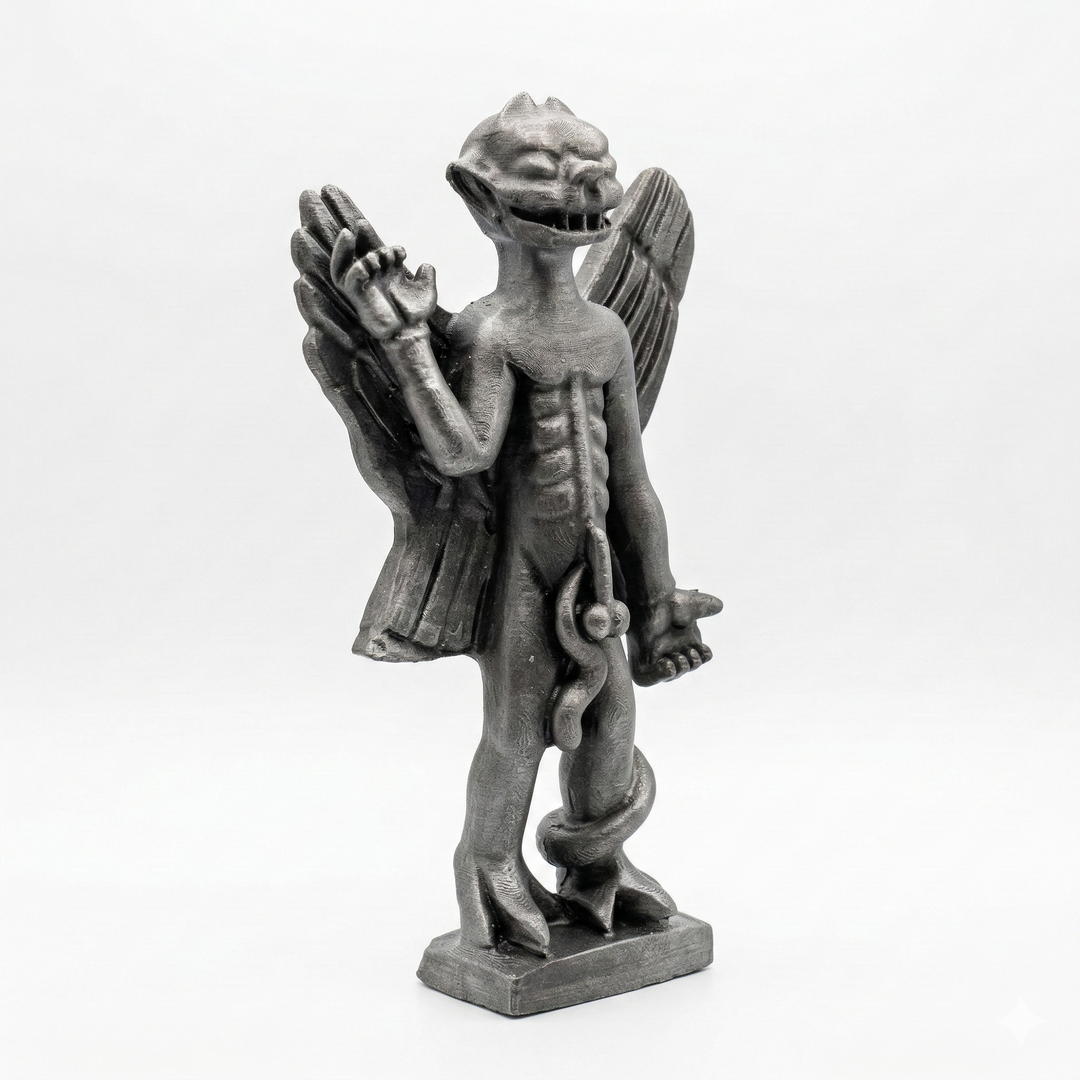 Pazuzu heykeli çapraz açıdan beyaz arka planda sergilenmektedir, kanatlı demon formu ve güçlü yüz ifadesiyle Mezopotamya koruyucu ruh figürü ve mitolojik koleksiyon heykeli by ArkeoArt