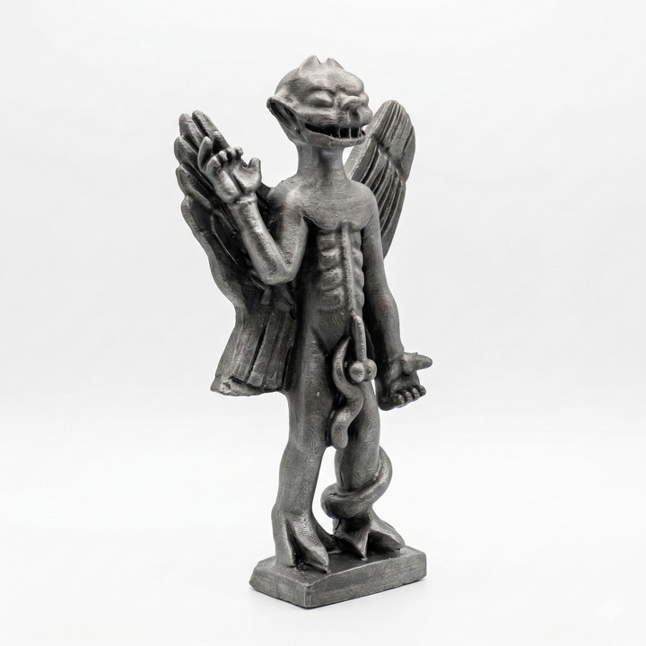 Pazuzu heykeli çapraz açıdan beyaz arka planda sergilenmektedir, kanatlı demon formu ve güçlü yüz ifadesiyle Mezopotamya koruyucu ruh figürü ve mitolojik koleksiyon heykeli by ArkeoArt