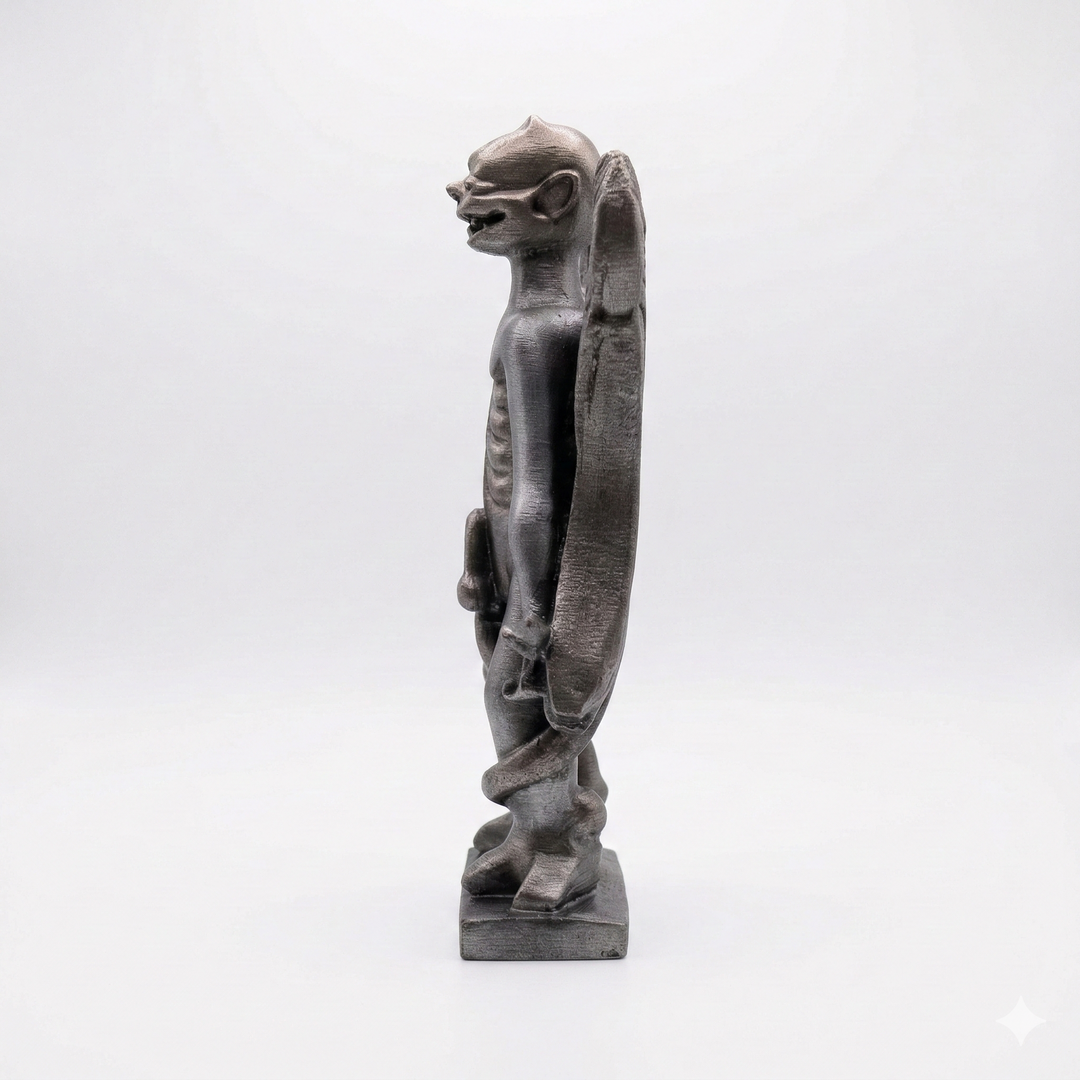 Pazuzu figürü yan profil görünüm, beyaz arka planda kanatlar ve vücut detayları belirgin olan Mezopotamya demon heykeli, arkeoloji ve mitoloji temalı dekoratif koleksiyon objesi by ArkeoArt