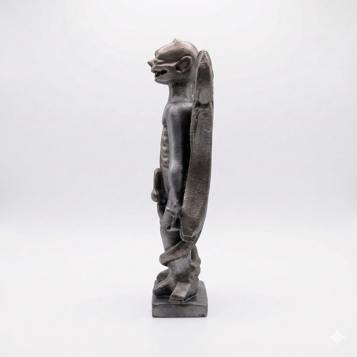 Pazuzu figürü yan profil görünüm, beyaz arka planda kanatlar ve vücut detayları belirgin olan Mezopotamya demon heykeli, arkeoloji ve mitoloji temalı dekoratif koleksiyon objesi by ArkeoArt