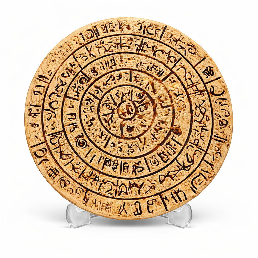 Phaistos Diski replikası. Girit’te keşfedilen ve üzerindeki spiral semboller hâlâ çözülememiş olan Minoan uygarlığına ait gizemli arkeolojik eserden ilham alınmıştır. Antik uygarlıkların sembolik yazı sistemlerini temsil eden dekoratif müze replikası ArkeoArt üretimidir.