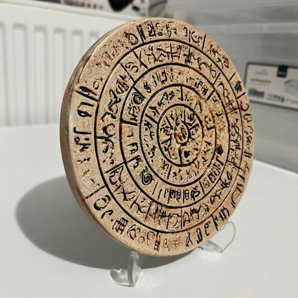 Phaistos Diski’nin beyaz arka planda yan açıdan görünümü. Spiral sembolleri, aged terracotta yüzeyi ve antik Minos estetiğiyle dikkat çeken bu collectible artifact; mythology decor ve archaeology collection konseptleri için tasarlanmıştır by ArkeoArt