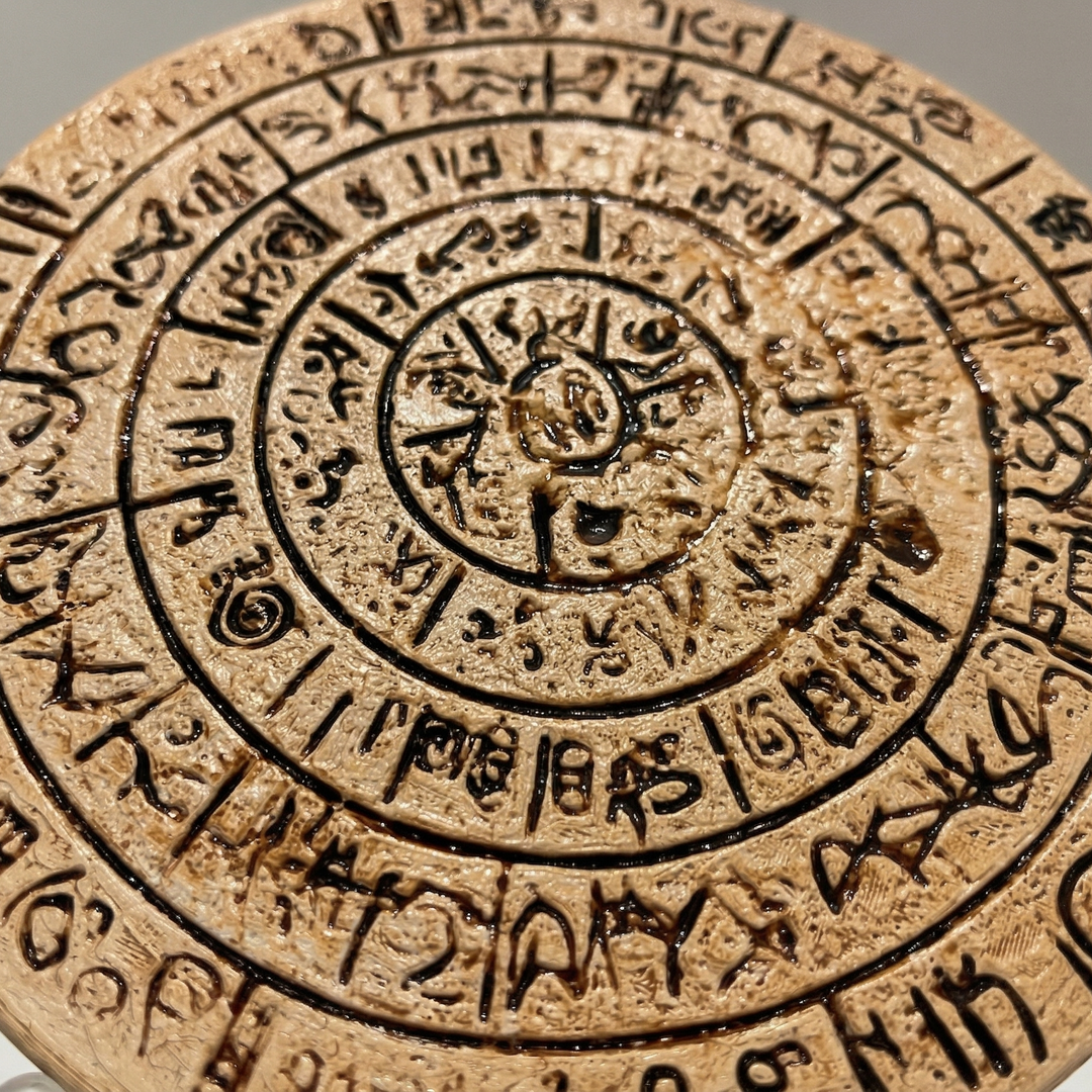 Phaistos Diski üzerindeki çözülememiş spiral sembollerin makro detay görünümü. Antik Girit yazıt estetiği ve el işçiliği terracotta patina yüzeyiyle öne çıkan bu Minos uygarlığı rölyefi; ancient mystery koleksiyonları için hazırlanmıştır by ArkeoArt