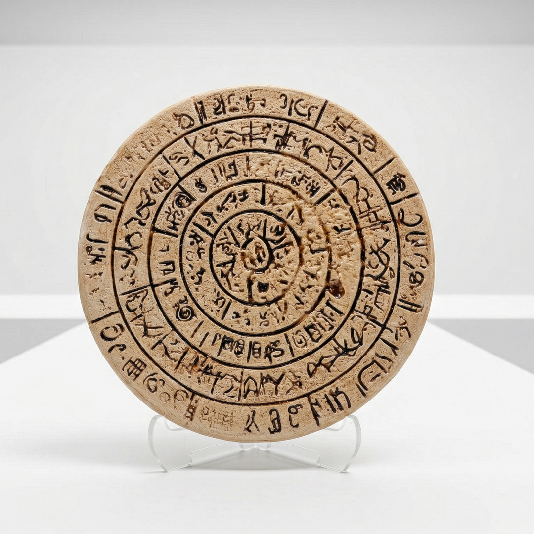 Phaistos Diski Rölyefi’nin beyaz arka planda uzak açıdan görünümü. Spiral kompozisyonu, antik yazıt sembolleri ve archaeological style yüzeyiyle dikkat çeken bu Minos eseri replikası; museum-style dekorasyon ve antik uygarlık koleksiyonları için güçlü atmosfer oluşturur by ArkeoArt