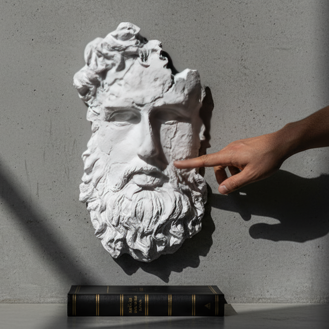 “Close-up of a hand touching the face of the Poseidon bust, showcasing fine sculptural lines, realistic texture, and divine calm expression. A perfect fusion of mythology and handmade art.”
TR:
“Poseidon büstünün yüzüne dokunan elin yakın plan detayı — ince heykel hatlarını, gerçekçi dokuyu ve tanrısal sakinliği sergiliyor. Mitoloji ve el yapımı sanatın mükemmel birleşimi.”