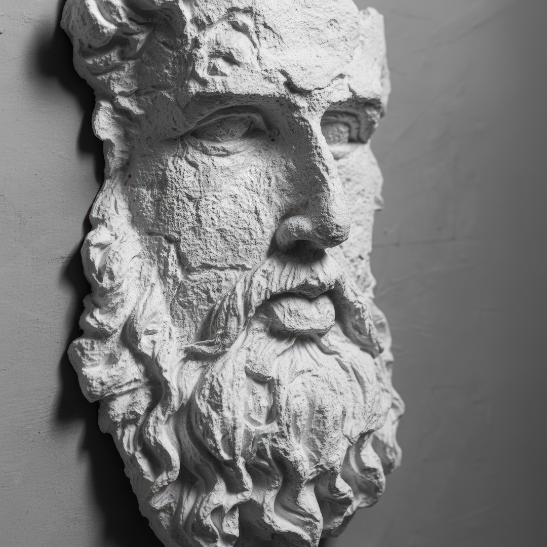 “Macro close-up of Poseidon’s face revealing fine sculptural details — the deep-set eyes, flowing beard, and oceanic serenity captured in handcrafted precision.”
TR:
“Poseidon’un yüzünün makro yakın plan detayı — el işçiliğiyle özenle işlenmiş derin bakışlar, dalgalı sakal ve denizin huzurunu yansıtan heykelsi detaylar ön planda.”
