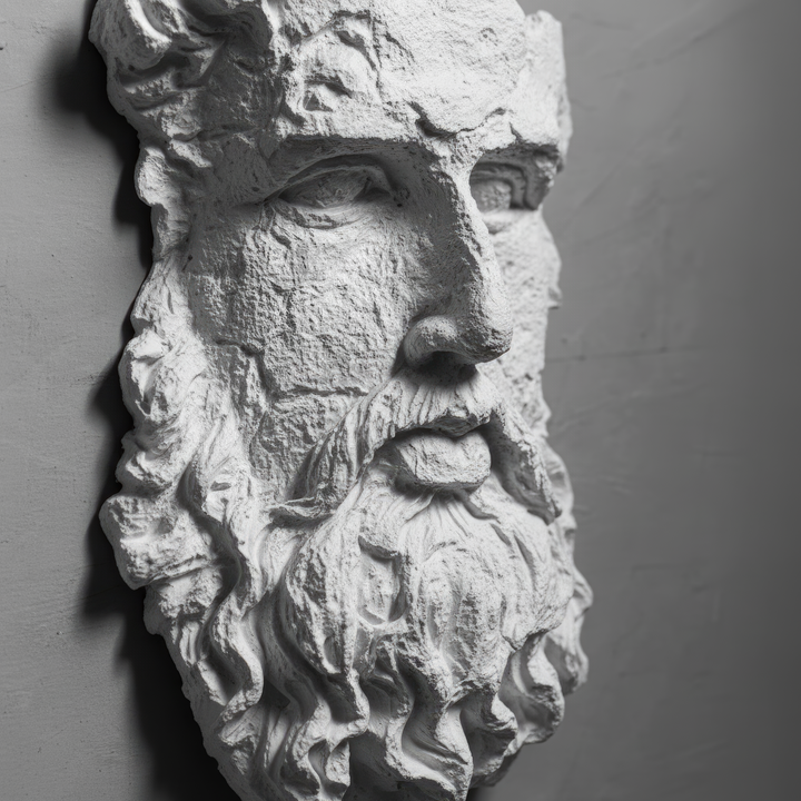 “Macro close-up of Poseidon’s face revealing fine sculptural details — the deep-set eyes, flowing beard, and oceanic serenity captured in handcrafted precision.”
TR:
“Poseidon’un yüzünün makro yakın plan detayı — el işçiliğiyle özenle işlenmiş derin bakışlar, dalgalı sakal ve denizin huzurunu yansıtan heykelsi detaylar ön planda.”