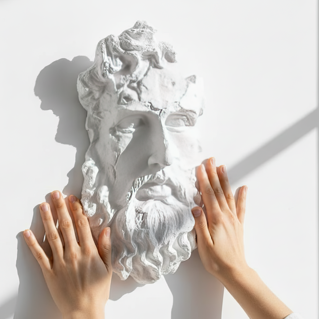 “Poseidon bust held gently with both hands on a clean white background, highlighting the sculpture’s symmetry, refined craftsmanship, and soft matte finish reminiscent of classical marble.”
TR:
“Beyaz bir arka plan önünde iki elle nazikçe tutulan Poseidon büstü — heykelin simetrisini, zarif işçiliğini ve klasik mermeri andıran mat yüzeyini vurguluyor.”