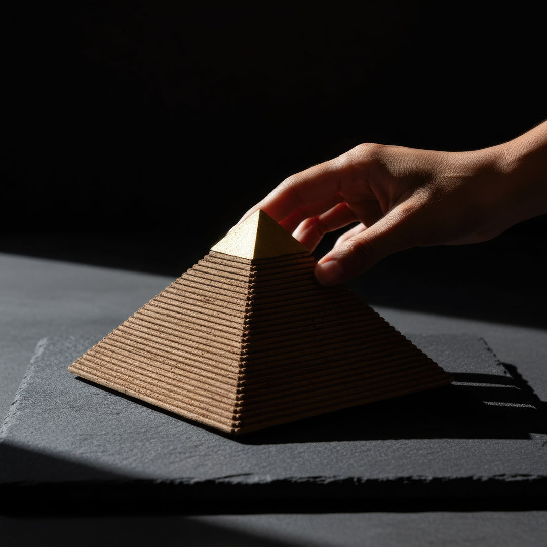 El ile tutulan Gize Piramidi heykeli – yaklaşık 16 cm yüksekliğinde, koleksiyonluk minyatür boyutlarda antik Mısır eseri. / Hand-held view of the Pyramid of Giza statue – 4-inch handmade miniature of the ancient Egyptian wonder, detailed archaeology-inspired art by ArkeoArt