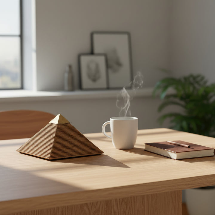 Ahşap masa üzerinde, yanında antik tarzda objelerle sergilenen Gize Piramidi – tarih ve estetiğin modern mekânlarda birleşimi. / Giza Pyramid displayed with small objects and books on a wooden desk – fusion of history and modern aesthetics, perfect home accent by ArkeoArt
