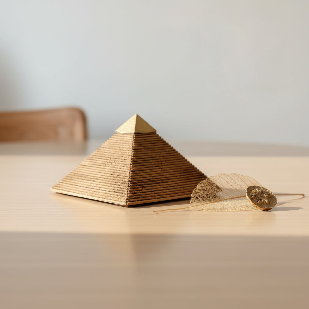 Boho tarzı yaşam alanında raf üzerinde sergilenen Gize Piramidi heykeli – modern iç mekânda antik Mısır estetiğini yaşatır. / Pyramid of Giza displayed on shelf in boho-style home interior – timeless fusion of ancient Egyptian art and modern decor, ArkeoArt handcrafted sculpture.