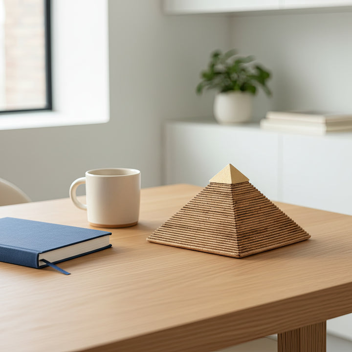 Ahşap masa üzerinde, yanında antik tarzda objelerle sergilenen Gize Piramidi – tarih ve estetiğin modern mekânlarda birleşimi. / Giza Pyramid displayed with small objects and books on a wooden desk – fusion of history and modern aesthetics, perfect home accent by ArkeoArt